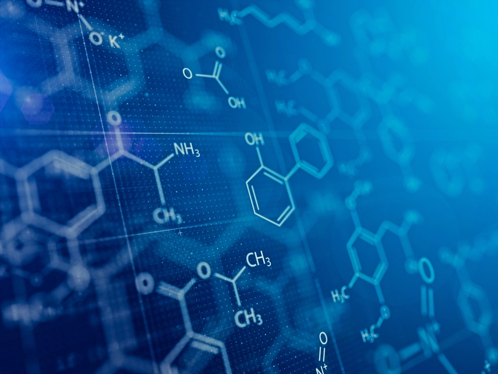 A blue screen showing illustrations of written molecular structures