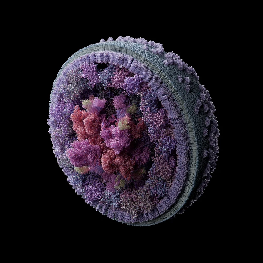 Illustration of a purplish molecule sliced in half