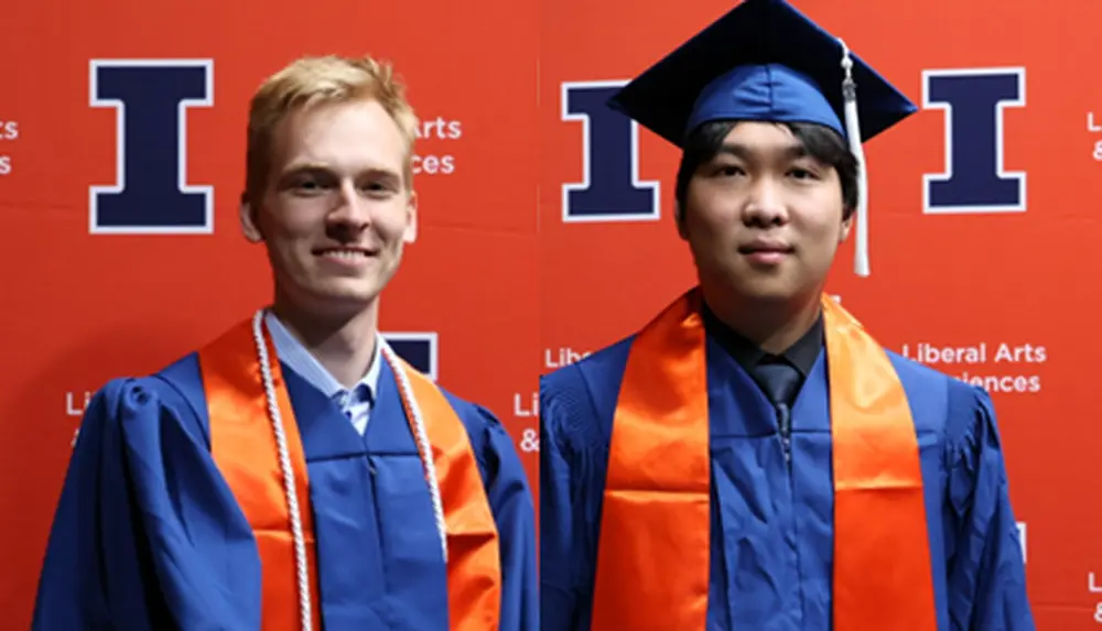 Strand and Yang in graduation regalia on an orange Block I background 