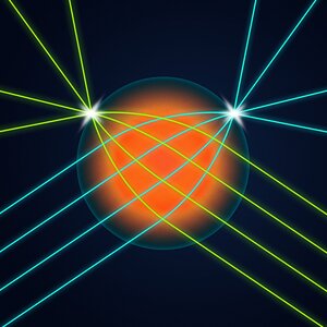 Graphic showing an orange sphere with lines passing through it, illustrating a spherical lens that allows light coming into the lens from any direction to be focused into a very small spot on the surface of the lens