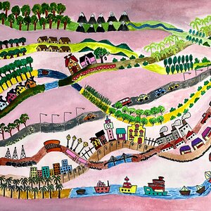 A painting on a pink background that shows a variety of paths with varied terrain and methods of transportation from one point to another point, illustrating research of path integrals in quantum mechanics research.