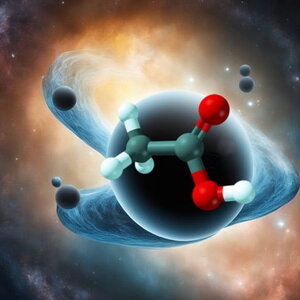 Illustration showing a black spherical shape with black and red dots on a deep space looking background