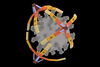 Artist’s rendering showing three orange-colored “NanoGripper” hands wrapped around a gray shape representing a COVID-19 virus.