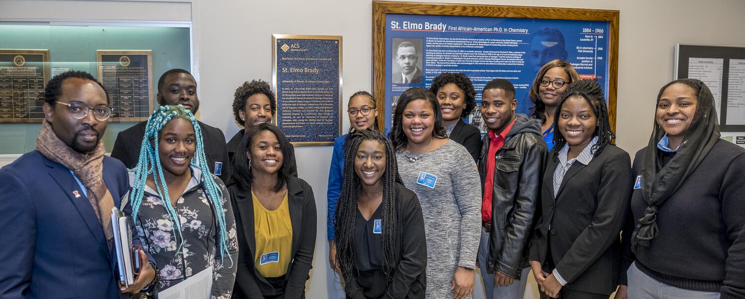 Photo from the St. Elmo Brady landmark event including people of color from UIUC, Xavier, Houston, Fisk, Howard, Tougaloo, Tuskegee & 3M
