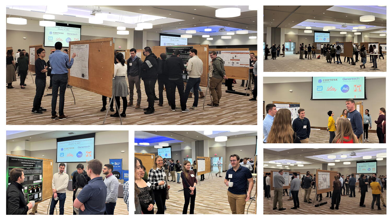 Six photos showing a crowd of people in a big room standing and listening to researchers at mobile bulletin boards present their research.