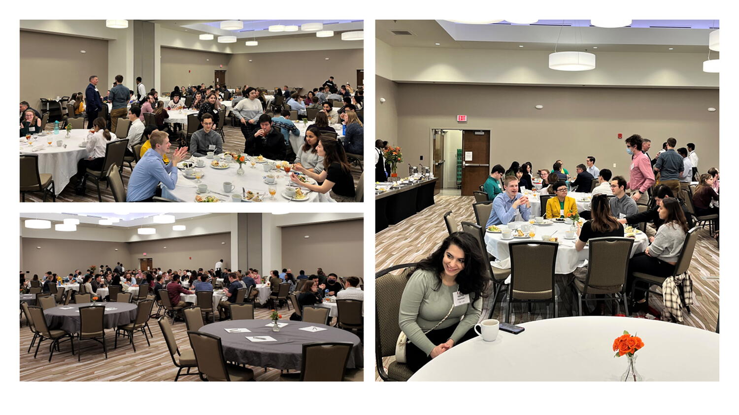 Three photos showing event participants sitting at round tables in a large room enjoying lunch and networking.
