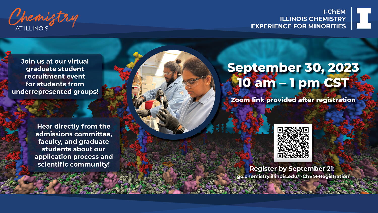 A picture of a digital slide with event information and a photo of two graduate students in blue lab coats at a bench in a lab doing work.