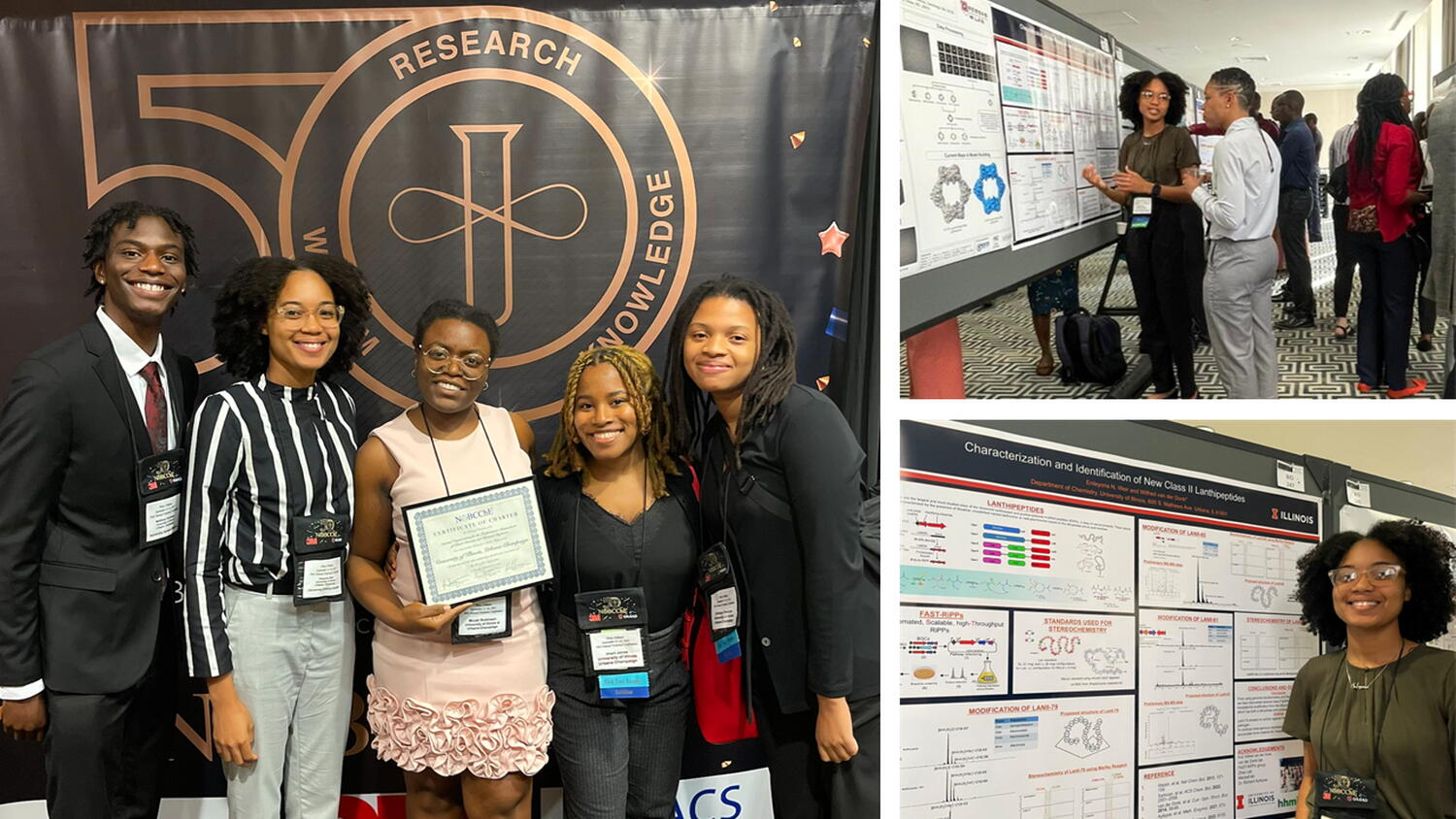 Five students standing side by side in front of the NOBCChE banner; and a photo of a student presenting research, and Enleyona Weir standing next to a research poster. 
