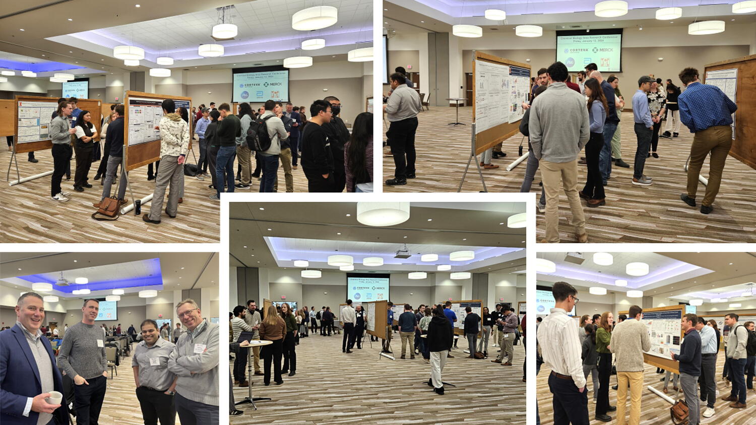Five photos showing people standing in a large room listening to several students present next to posters illustrating their research projects.