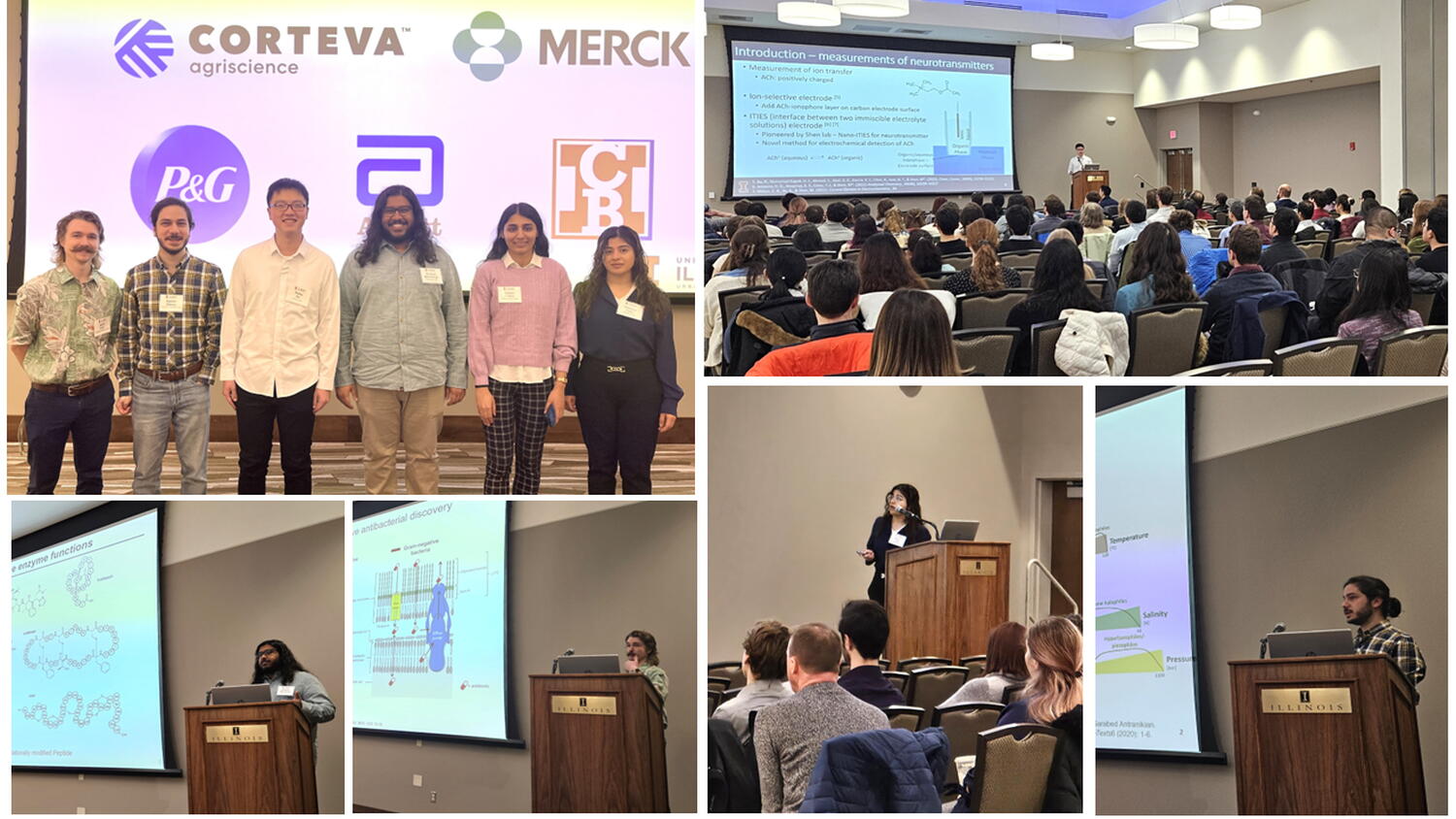 Collage of photos showing six student presenters standing side by side and then individual photos of them speaking at the podium.