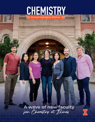 Photo of cover of magazine showing seven new faculty members standing side by side in front of Noyes entrance