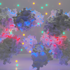 Computer-assisted image showing dark blue and light red molecular structures of supercharged protein monomers (red, negative, and blue, positive) in the process of association to form a supercharged hexadecameric protein complex. Image rendered using Blender and PyMOL.